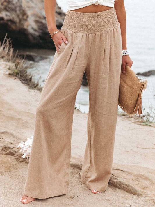 Full Size Smocked Waist Wide Leg Pants - Anchored Feather Boutique