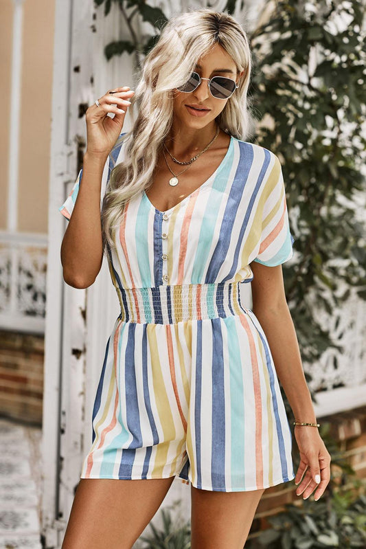 Multicolored Stripe V-Neck Smocked Waist Romper - Anchored Feather Boutique