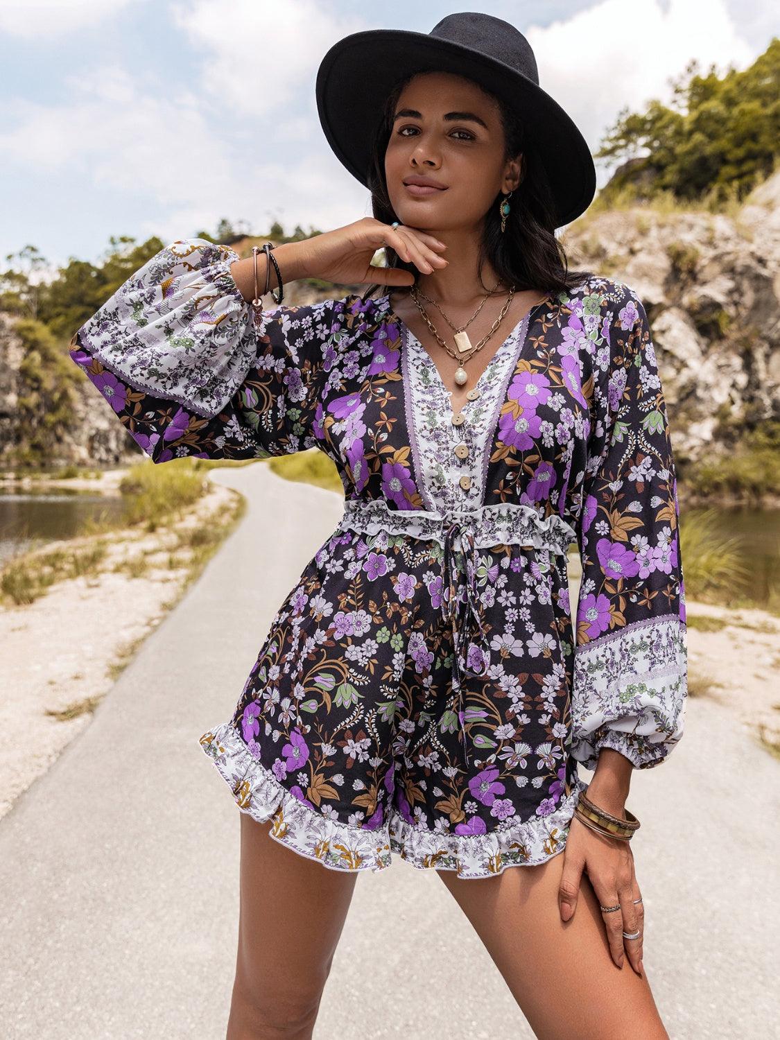 Printed Frill Half Button Balloon Sleeve Romper - Anchored Feather Boutique
