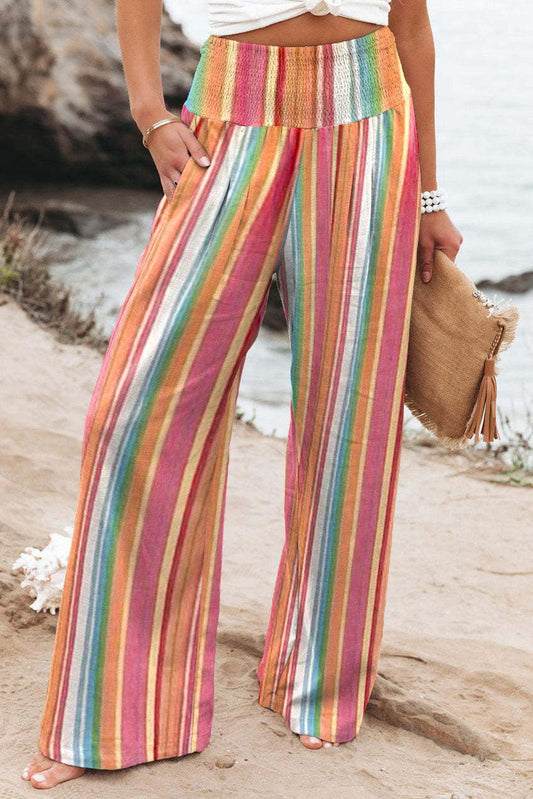 Striped Smocked Waist Pants with Pockets - Anchored Feather Boutique