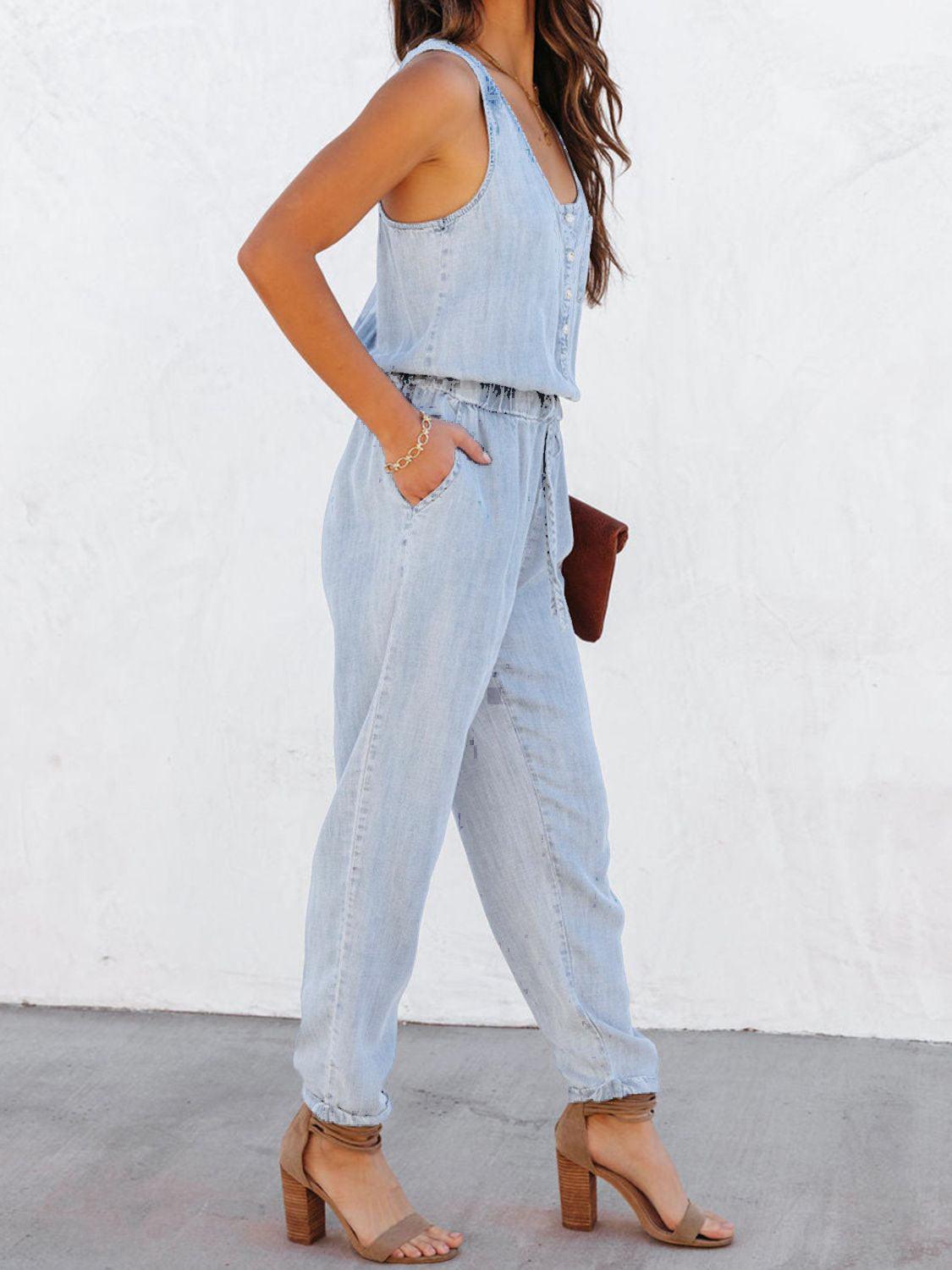 Drawstring Waist Sleeveless Jumpsuit - Anchored Feather Boutique