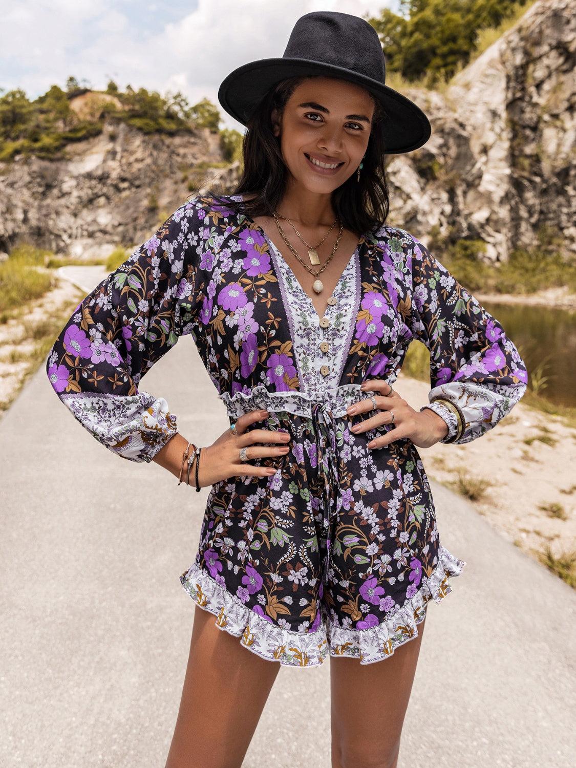 Printed Frill Half Button Balloon Sleeve Romper - Anchored Feather Boutique