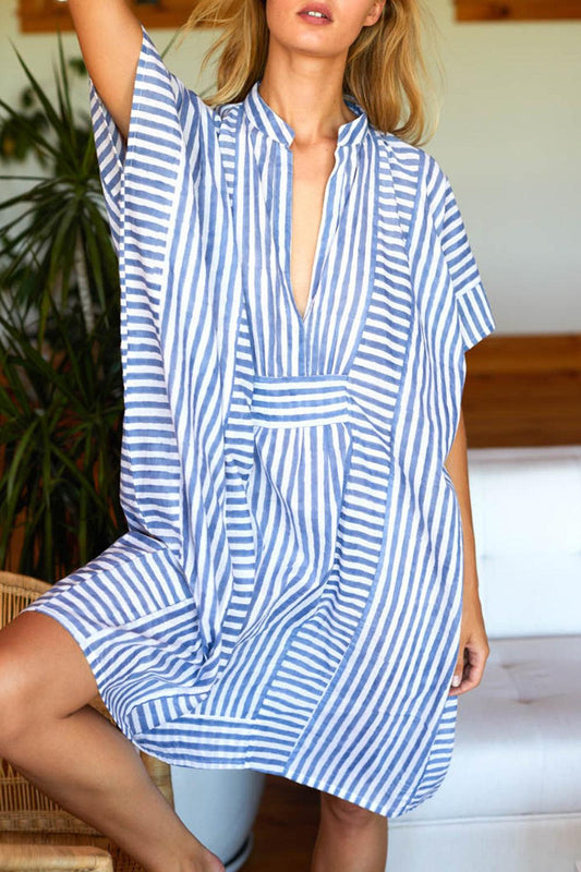 Striped Notched Short Sleeve Mini Dress - Anchored Feather Boutique