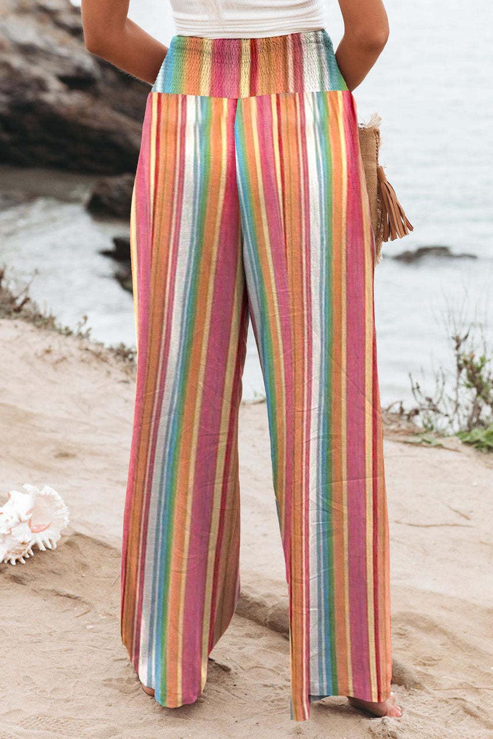 Striped Smocked Waist Pants with Pockets - Anchored Feather Boutique
