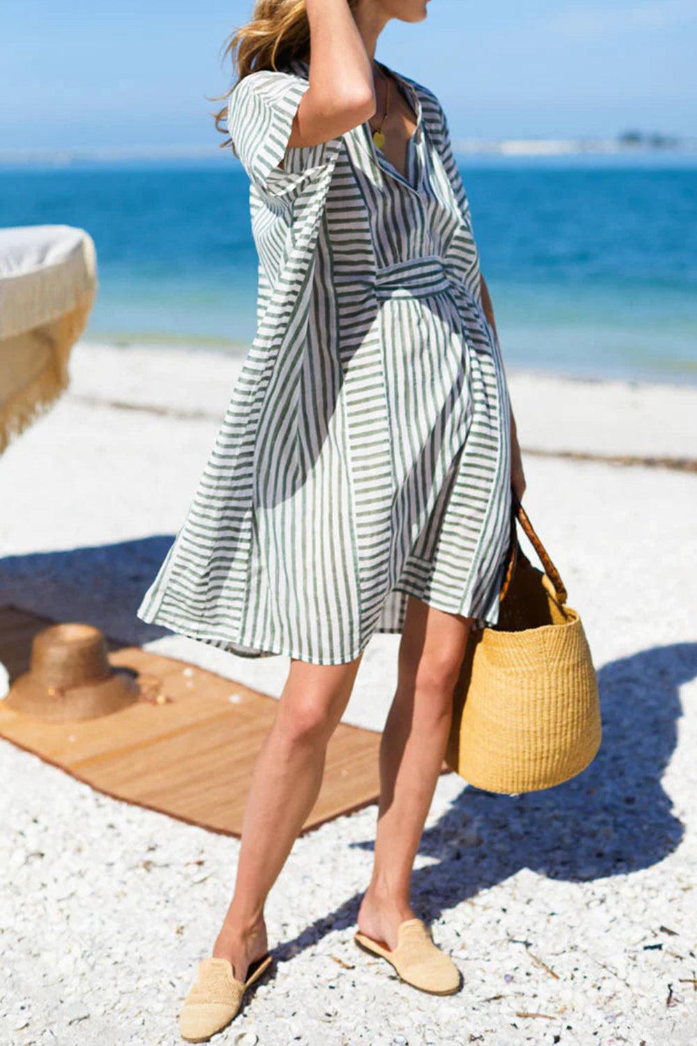 Striped Notched Short Sleeve Mini Dress - Anchored Feather Boutique