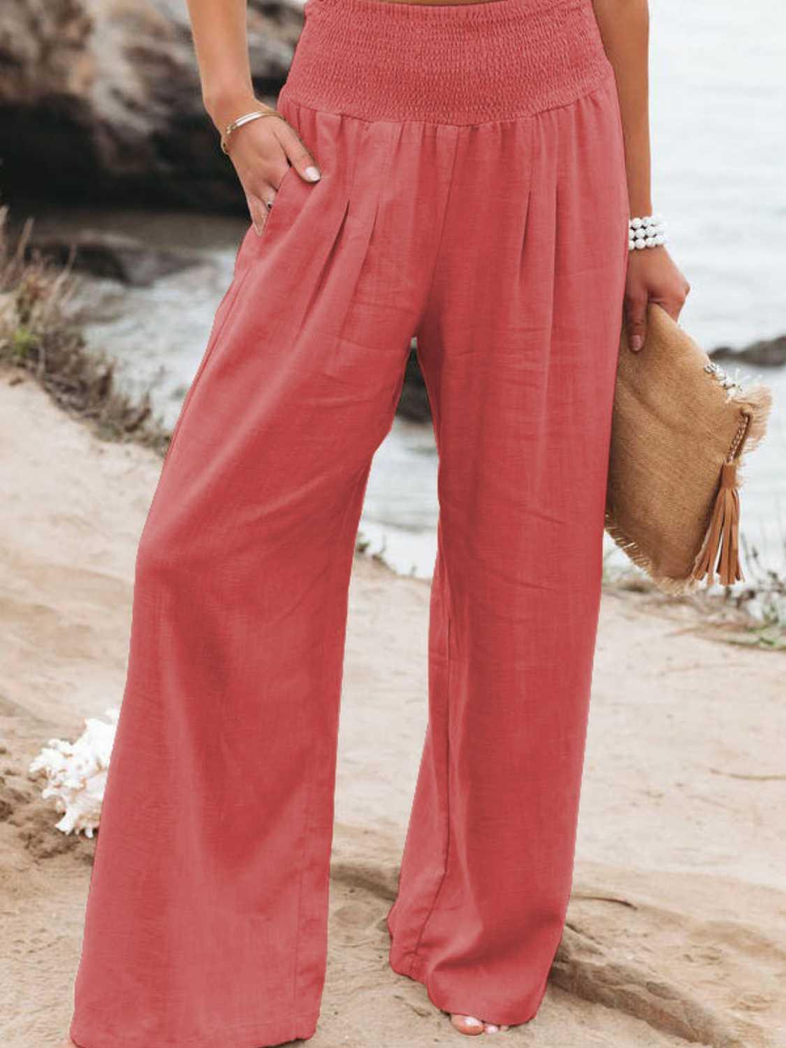 Full Size Smocked Waist Wide Leg Pants - Anchored Feather Boutique