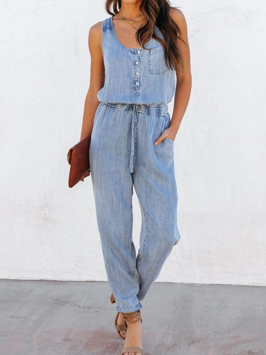 Drawstring Waist Sleeveless Jumpsuit - Anchored Feather Boutique