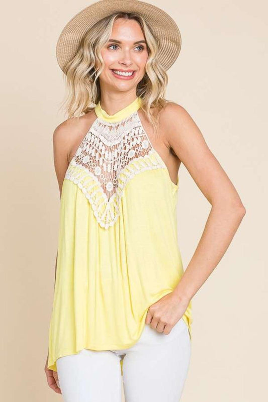 Culture Code Lace Panel Sleeveless Round Neck Top - Anchored Feather Boutique