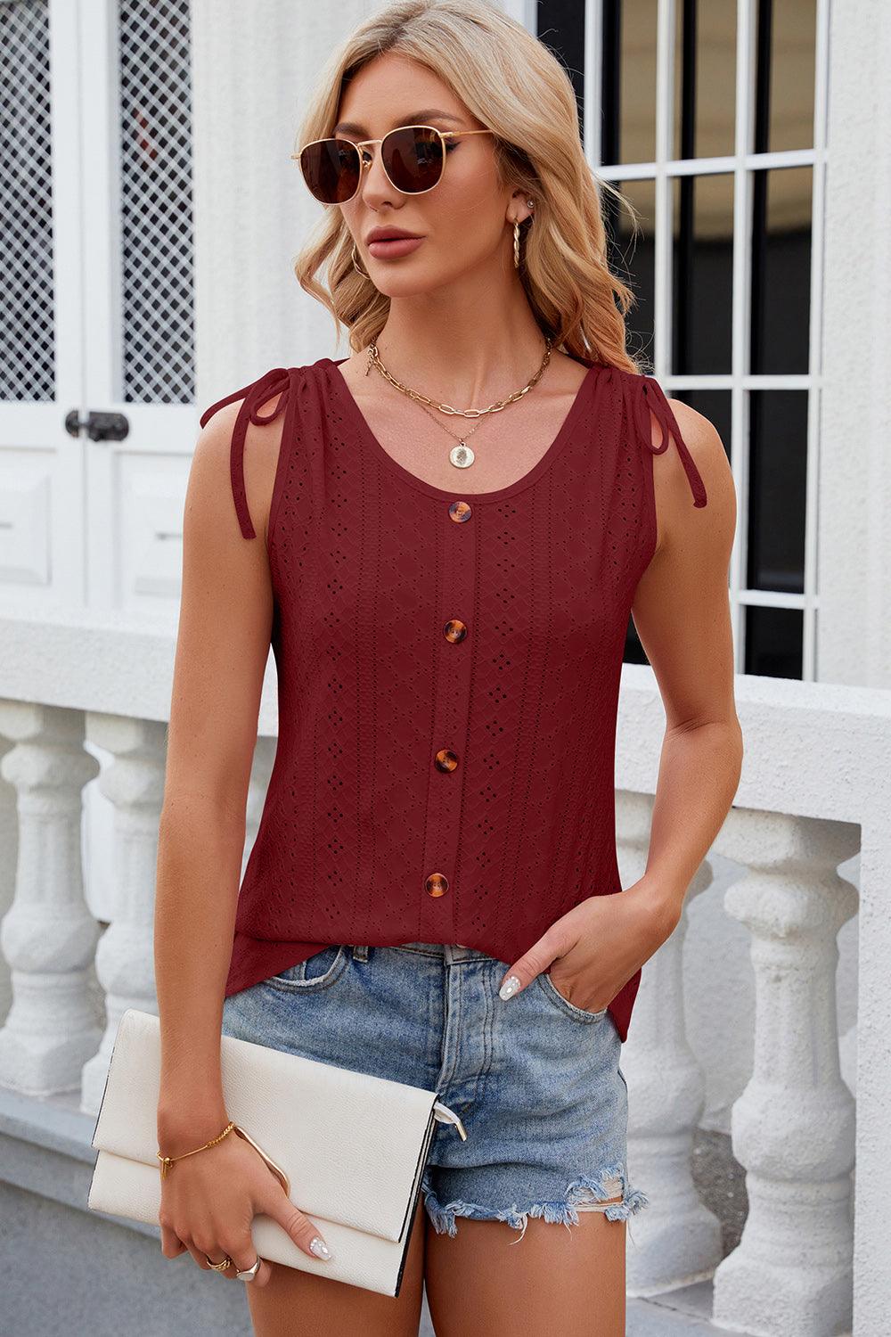 Eyelet Round Neck Wide Strap Tank - Anchored Feather Boutique