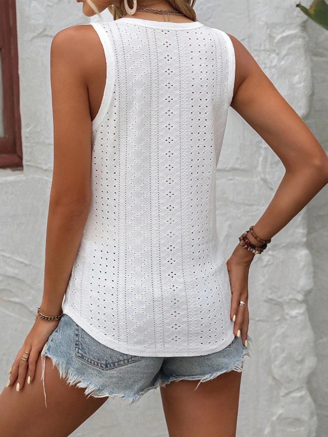 Eyelet V-Neck Wide Strap Tank - Anchored Feather Boutique