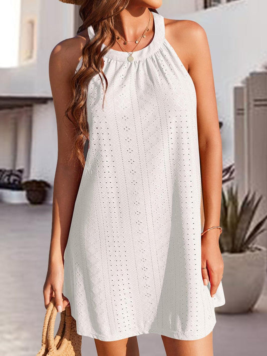 Eyelet Grecian Neck Mini Dress - Anchored Feather Boutique