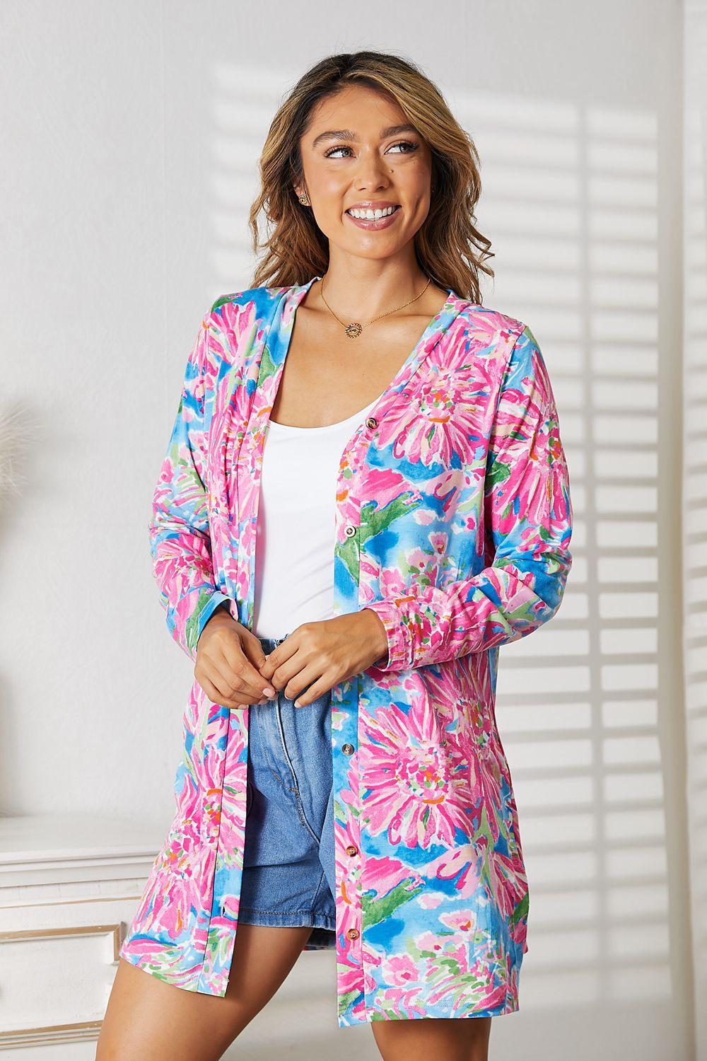 Double Take Floral Open Front Long Sleeve Cardigan - Anchored Feather Boutique