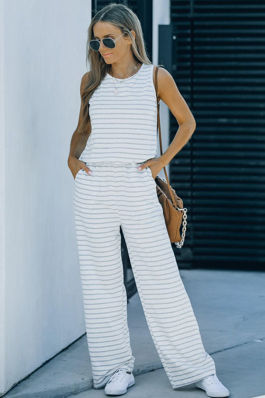 Striped Sleeveless Jumpsuit with Pockets - Anchored Feather Boutique