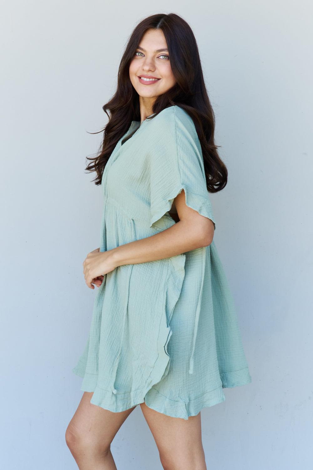 Ninexis Out Of Time Full Size Ruffle Hem Dress with Drawstring Waistband in Light Sage - Anchored Feather Boutique