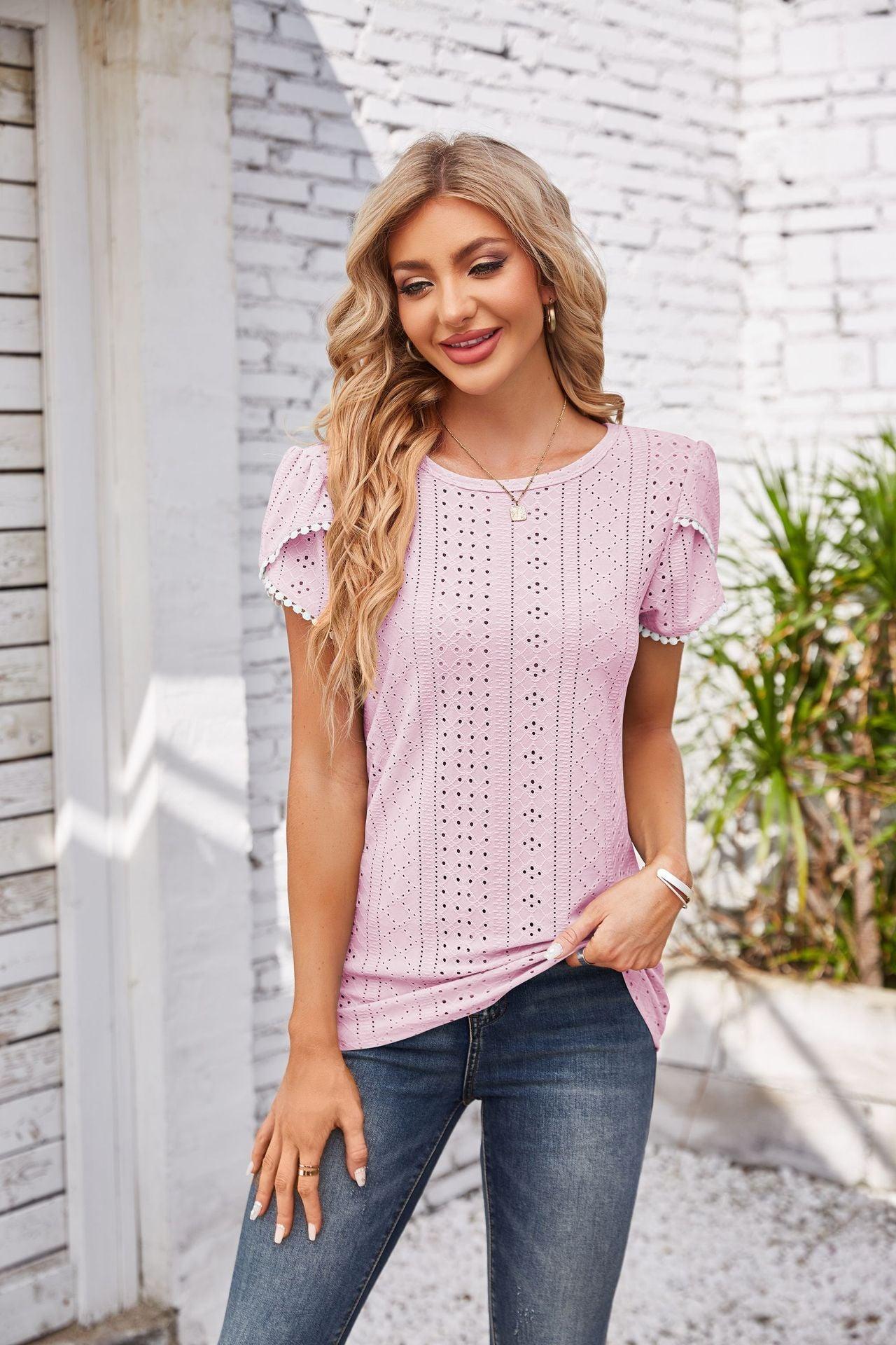 Eyelet Round Neck Petal Sleeve T-Shirt - Anchored Feather Boutique