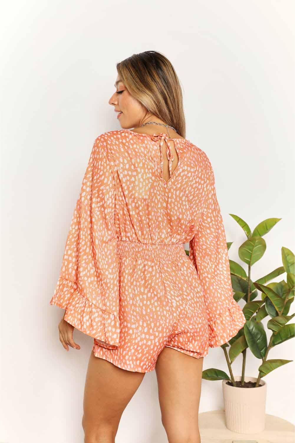 Double Take Printed Flare Sleeve Surplice Romper - Anchored Feather Boutique
