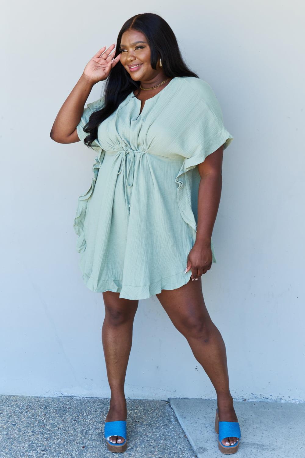 Ninexis Out Of Time Full Size Ruffle Hem Dress with Drawstring Waistband in Light Sage - Anchored Feather Boutique