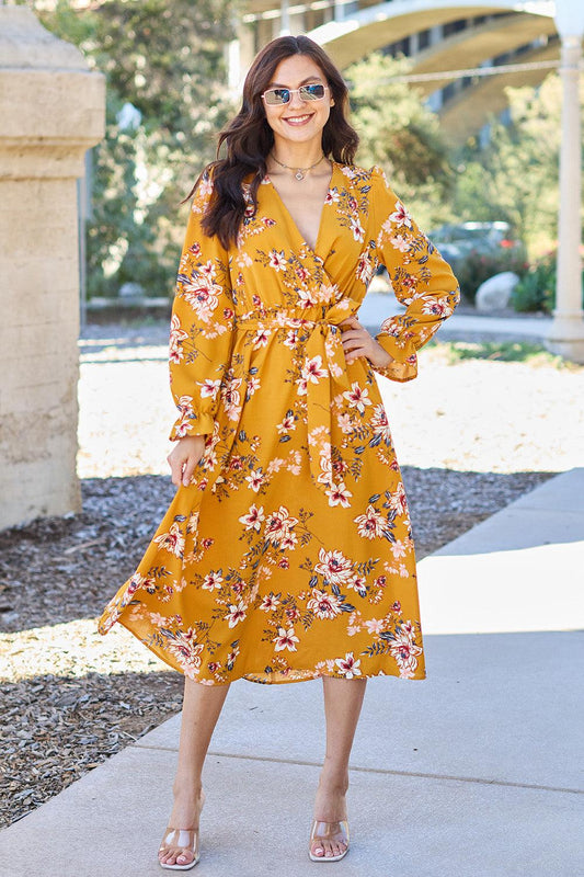 Double Take Full Size Floral Tie Back Flounce Sleeve Dress - Anchored Feather Boutique