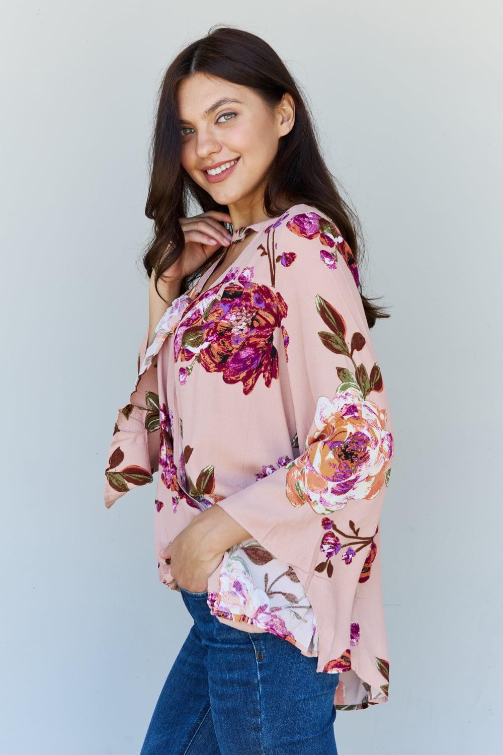 ODDI Full Size Floral Bell Sleeve Crepe Top - Anchored Feather Boutique