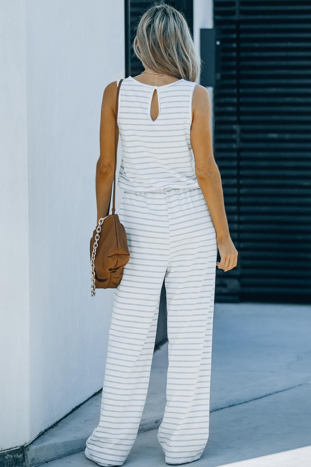 Striped Sleeveless Jumpsuit with Pockets - Anchored Feather Boutique