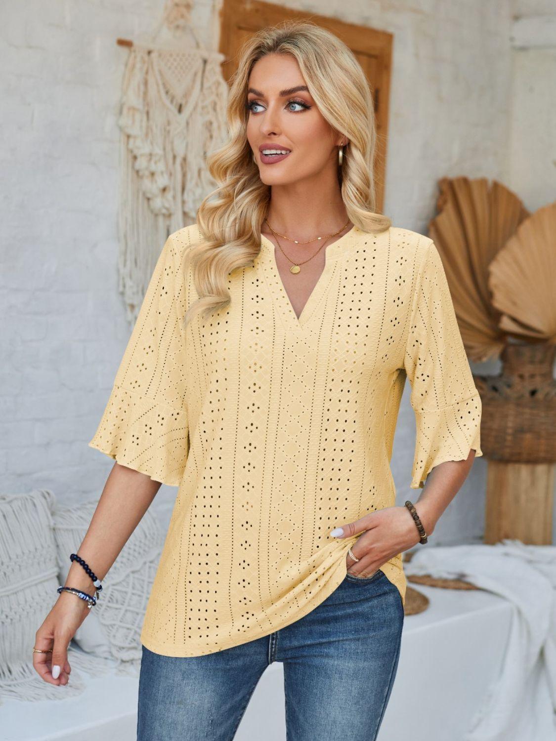 Eyelet Notched Half Sleeve T-Shirt - Anchored Feather Boutique