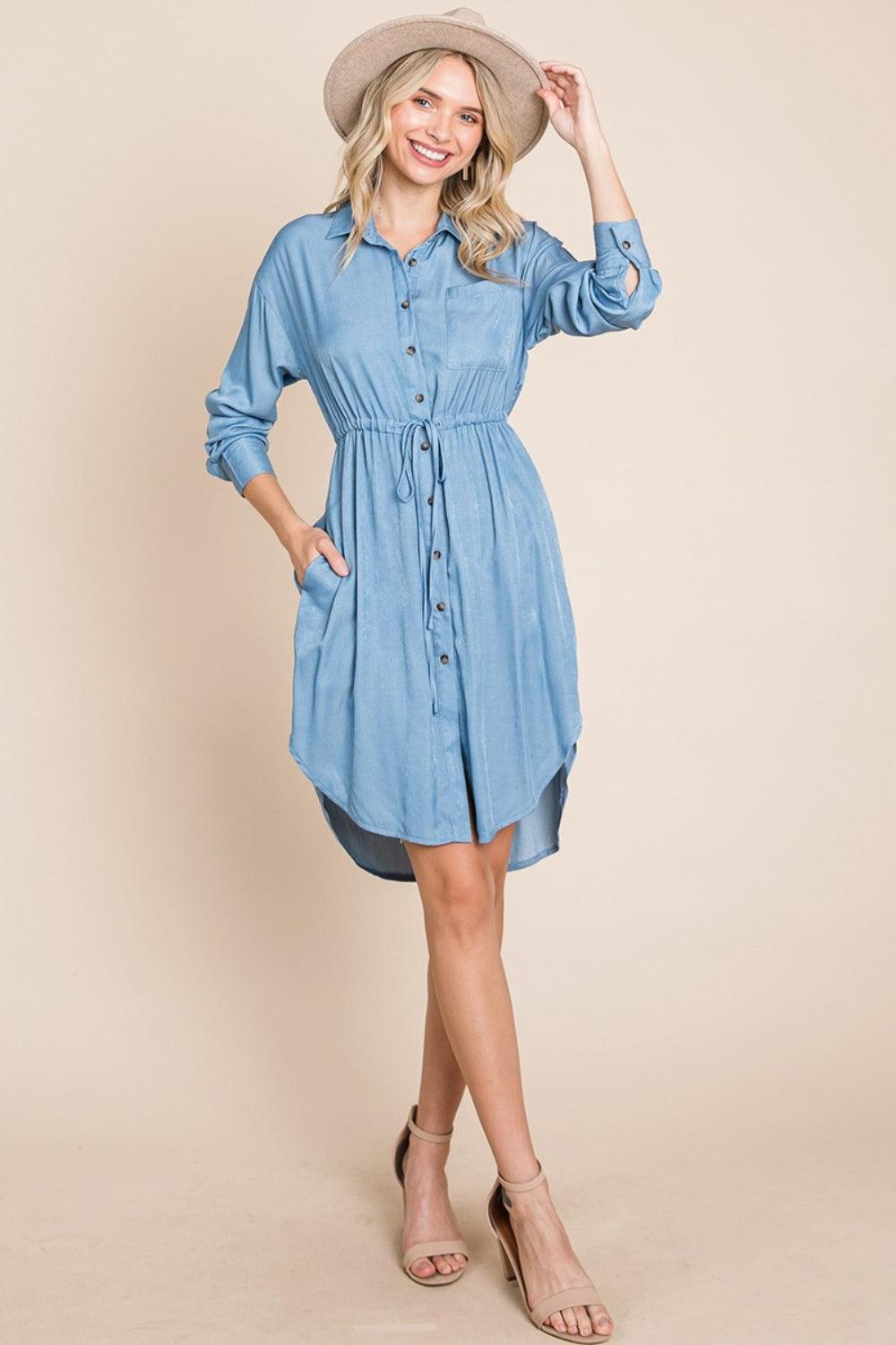 Faith Apparel Button Up Drawstring Shirt Dress - Anchored Feather Boutique