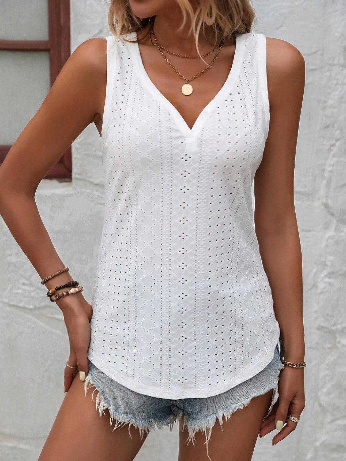 Eyelet V-Neck Wide Strap Tank - Anchored Feather Boutique