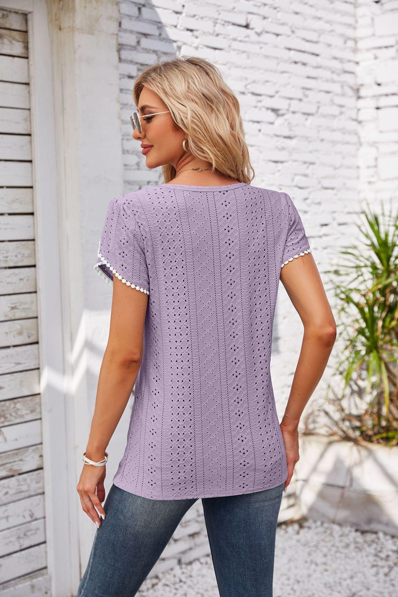 Eyelet Round Neck Petal Sleeve T-Shirt - Anchored Feather Boutique