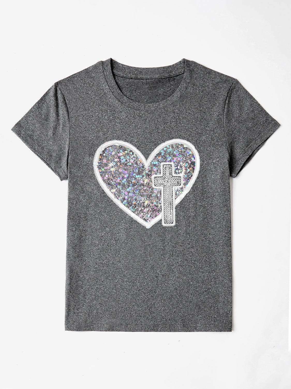 Sequin Heart Round Neck Short Sleeve T-Shirt - Anchored Feather Boutique