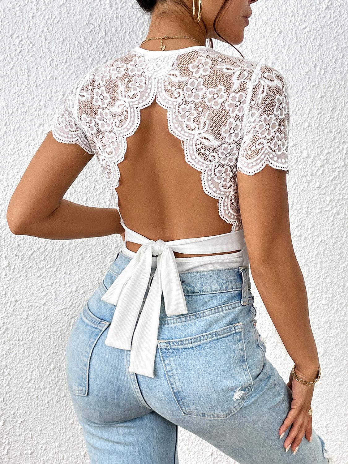 Lace Backless Round Neck Bodysuit - Anchored Feather Boutique