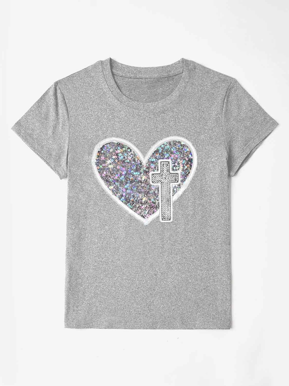 Sequin Heart Round Neck Short Sleeve T-Shirt - Anchored Feather Boutique