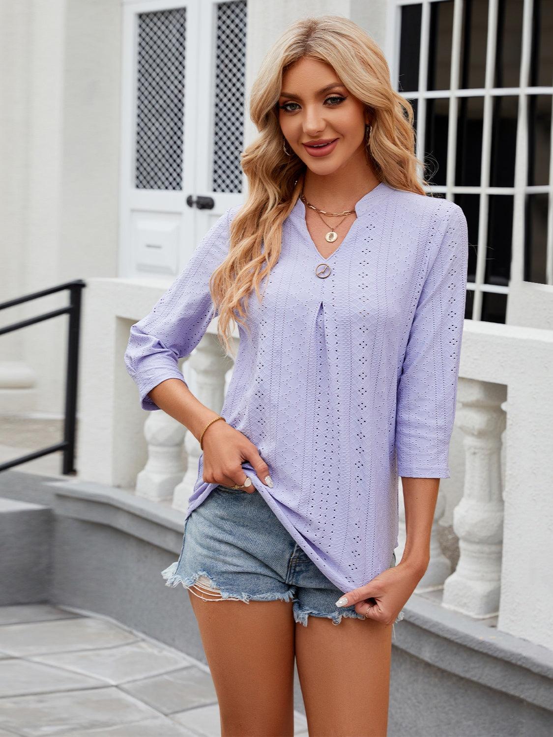 Eyelet Notched Three-Quarter Sleeve Blouse - Anchored Feather Boutique