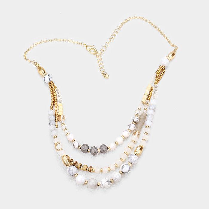 TRIPLE STRAND SEMI PRECIOUS WOOD MIXED BEAD BIB NECKLACE - Anchored Feather Boutique