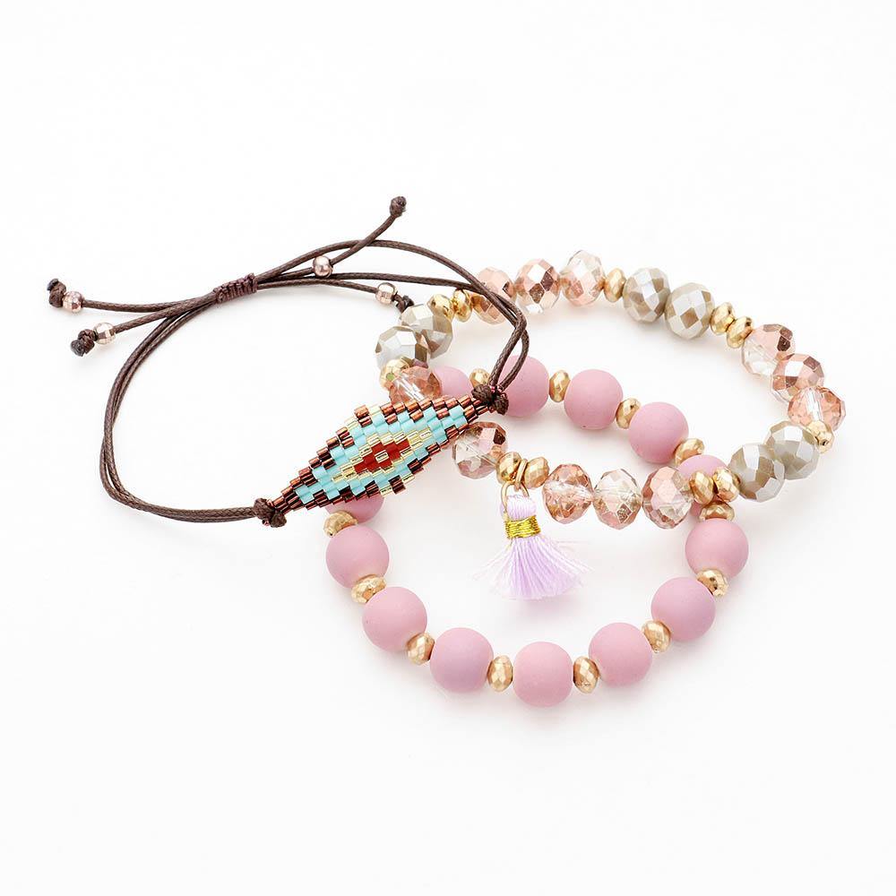 3PCS - BOHO BEAD WOOD BEAD STRETCH LAYERED TASSEL BRACELETS - Anchored Feather Boutique