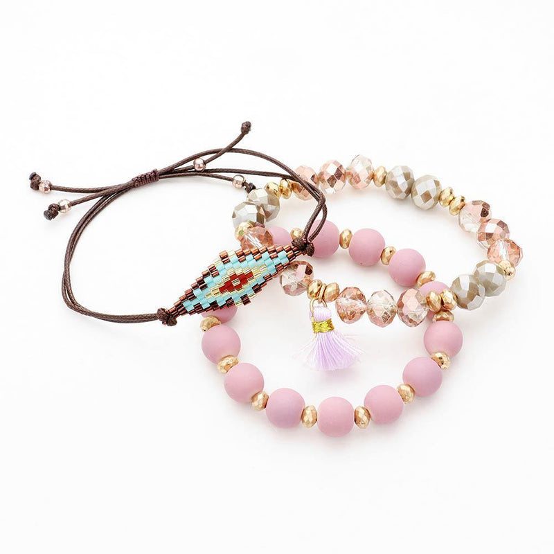3PCS - BOHO BEAD WOOD BEAD STRETCH LAYERED TASSEL BRACELETS - Anchored Feather Boutique
