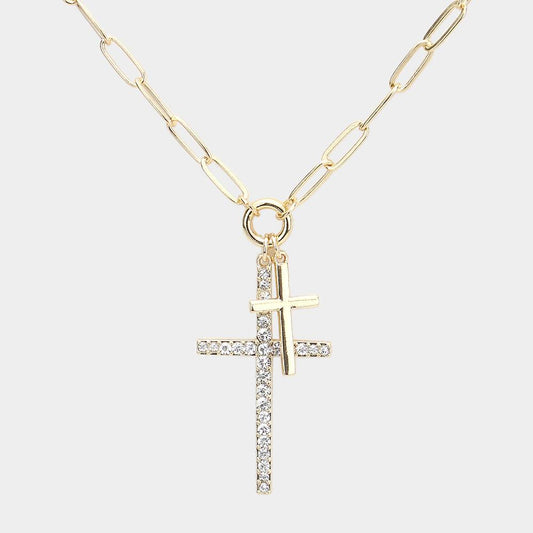 Rhinestone Embellished Metal Cross Pendant Necklace - Anchored Feather Boutique