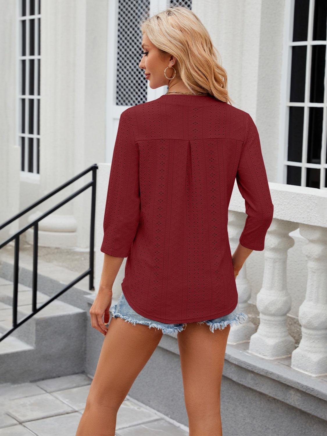 Eyelet Notched Three-Quarter Sleeve Blouse - Anchored Feather Boutique