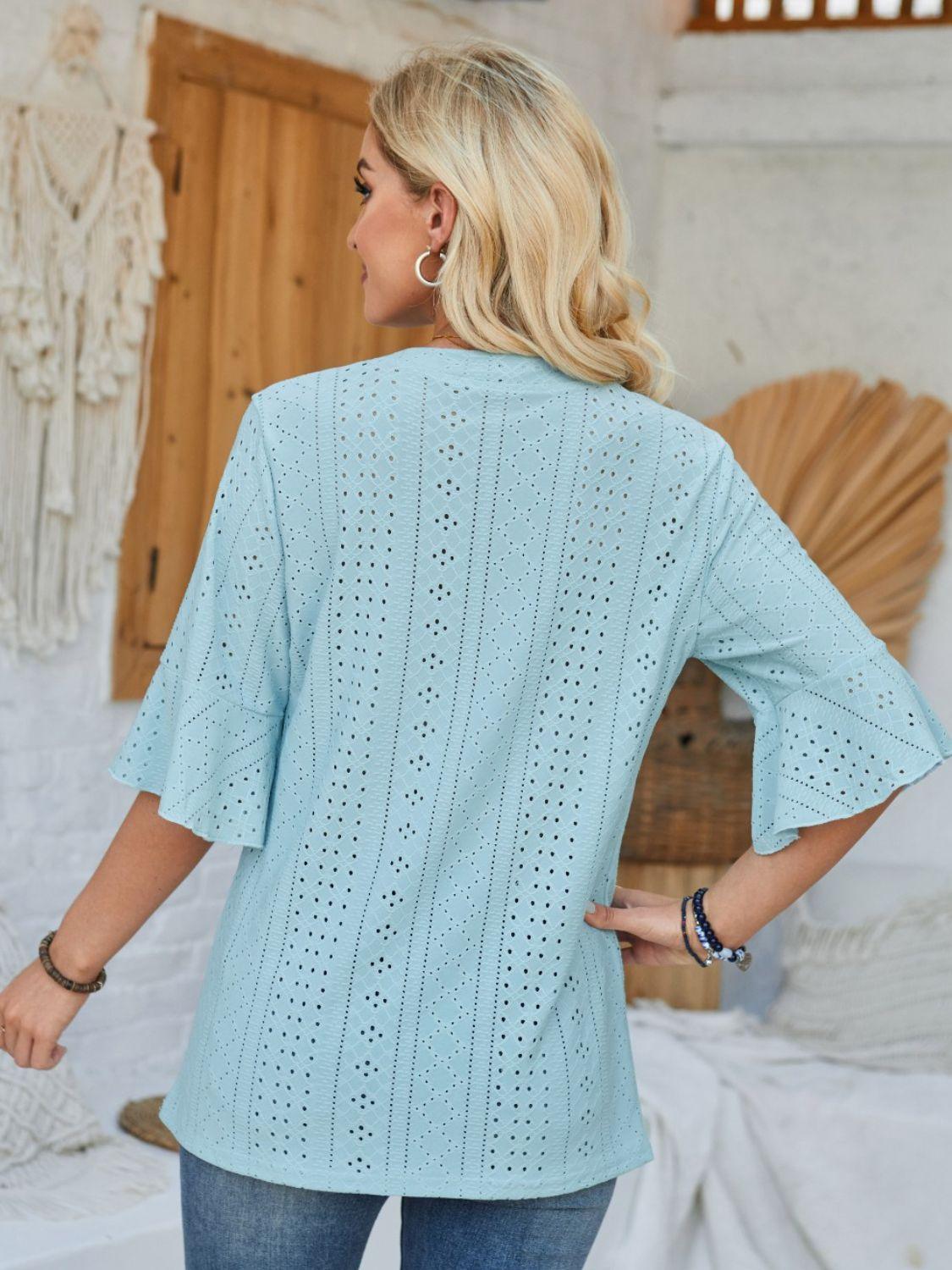 Eyelet Notched Half Sleeve T-Shirt - Anchored Feather Boutique