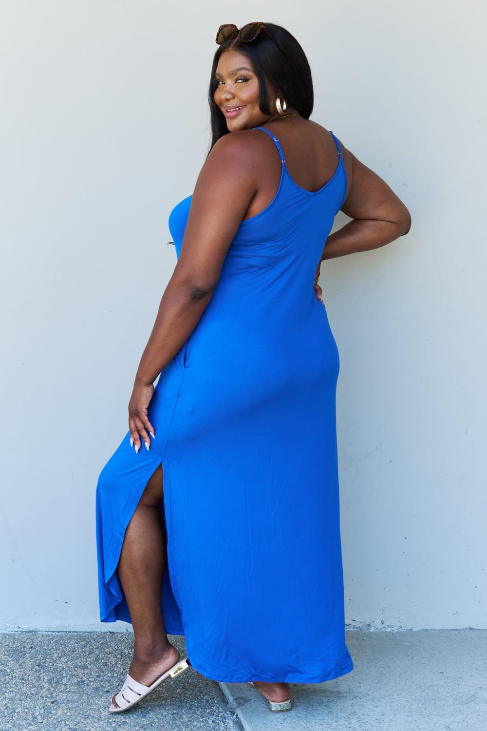 Ninexis Good Energy Full Size Cami Side Slit Maxi Dress in Royal Blue - Anchored Feather Boutique