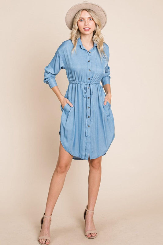 Faith Apparel Button Up Drawstring Shirt Dress - Anchored Feather Boutique