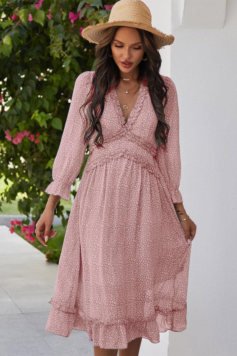 V Neck Floral Ruffle Midi Dress - Anchored Feather Boutique