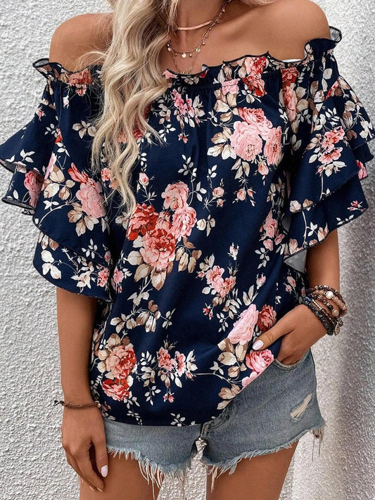 Printed Off-Shoulder Flounce Sleeve Blouse - Anchored Feather Boutique