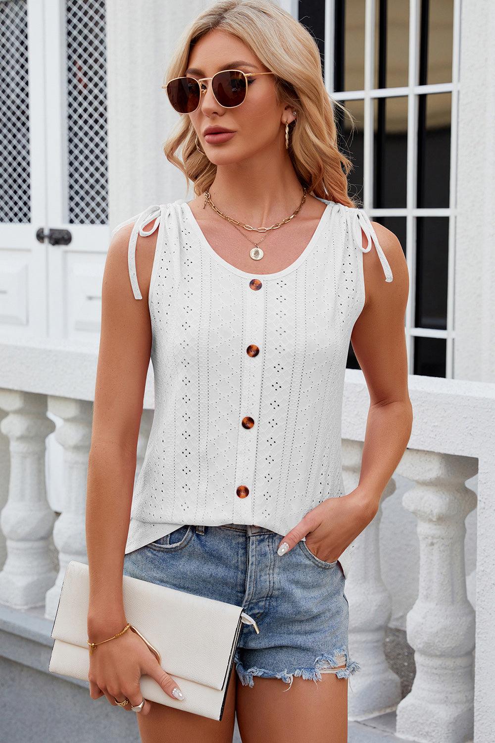 Eyelet Round Neck Wide Strap Tank - Anchored Feather Boutique