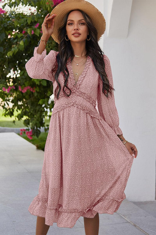 V Neck Floral Ruffle Midi Dress - Anchored Feather Boutique