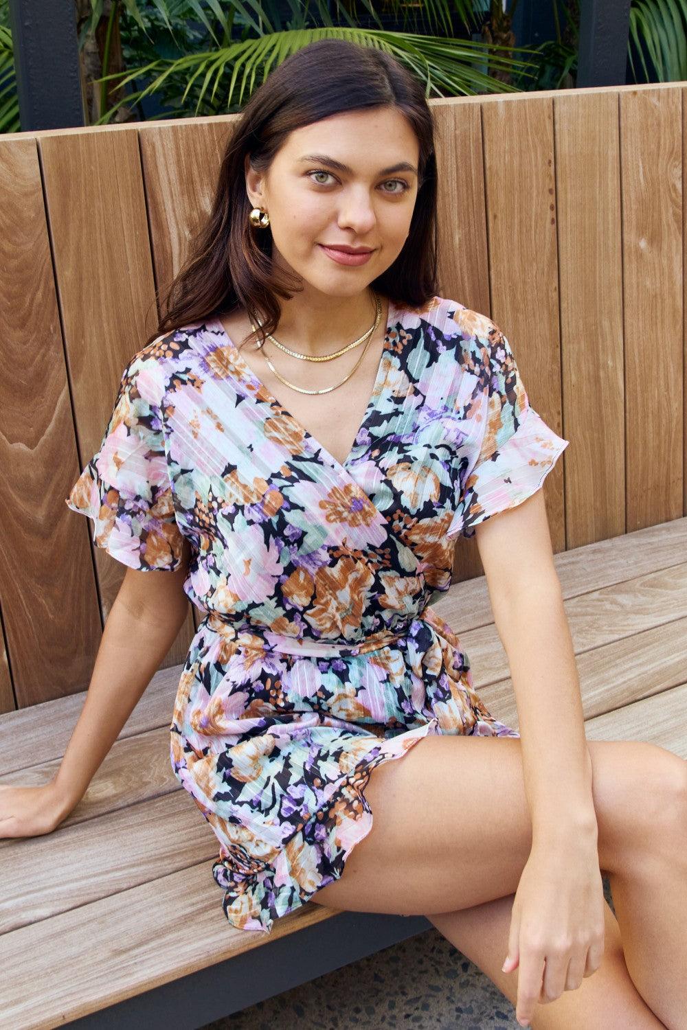 Petal Dew Full Size Floral Tie Belt Ruffled Romper - Anchored Feather Boutique