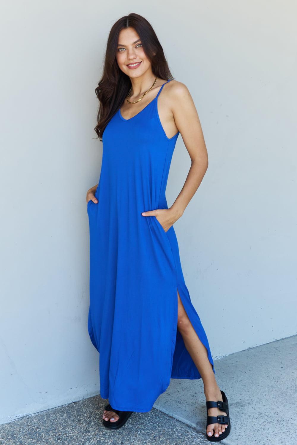 Ninexis Good Energy Full Size Cami Side Slit Maxi Dress in Royal Blue - Anchored Feather Boutique